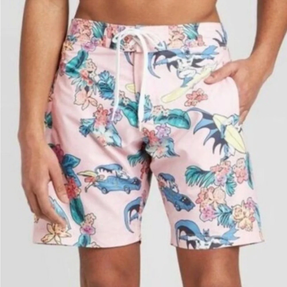 Batman Robin Pink Hawaiian Bathing Suit Shorts Swim Trunks Size L